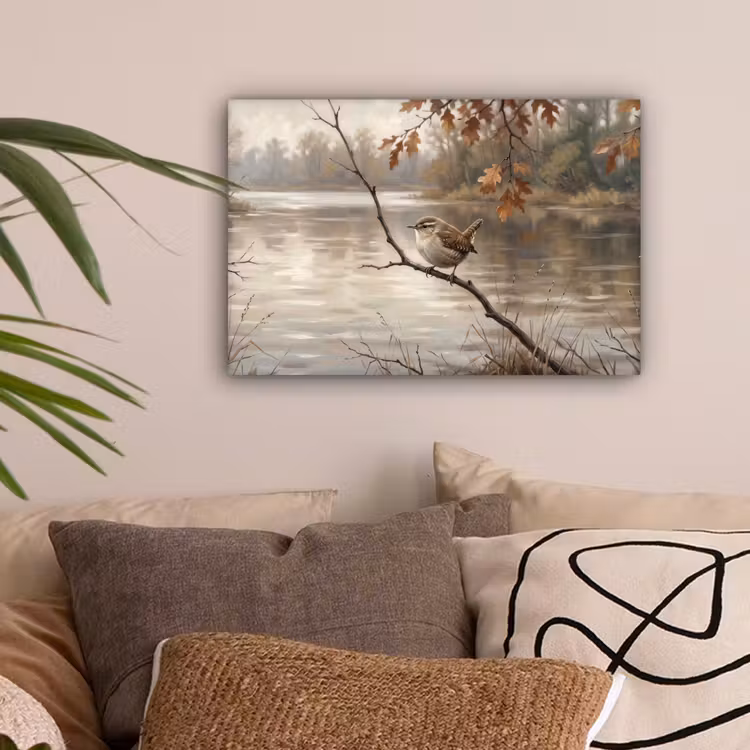 Winterkoninkje - Tak - Rivier - Natuur - Sfeervol canvas 2cm klein -sfeer1