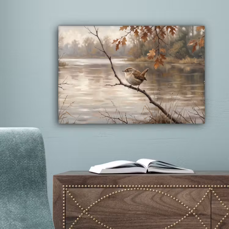 Winterkoninkje - Tak - Rivier - Natuur - Sfeervol canvas 2cm klein -sfeer4