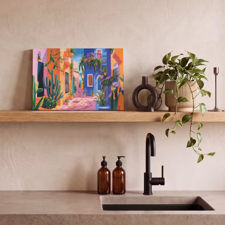 Geel - Blauw - Oranje - Huis canvas 2cm klein -sfeer3