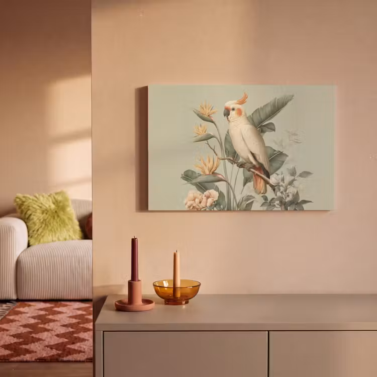 Gele kuifkaketoe - paradijsvogelbloemen - Groen canvas 2cm klein -sfeer1