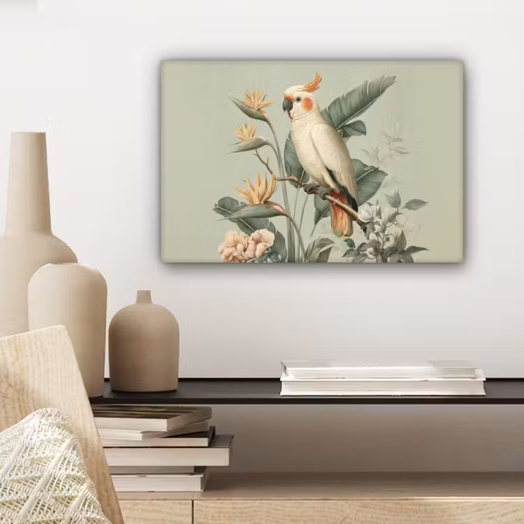 Gele kuifkaketoe - paradijsvogelbloemen - Groen canvas 2cm klein -sfeer6