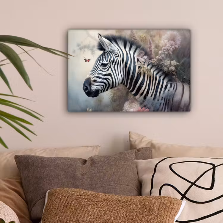 Zebra - Wilde dieren - Vlinder - Bloemen canvas 2cm klein -sfeer1