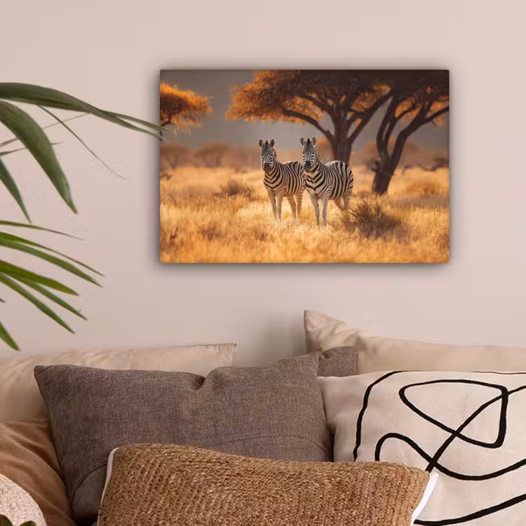 Zebra's - Savannelandschap - Gras canvas 2cm klein -sfeer1