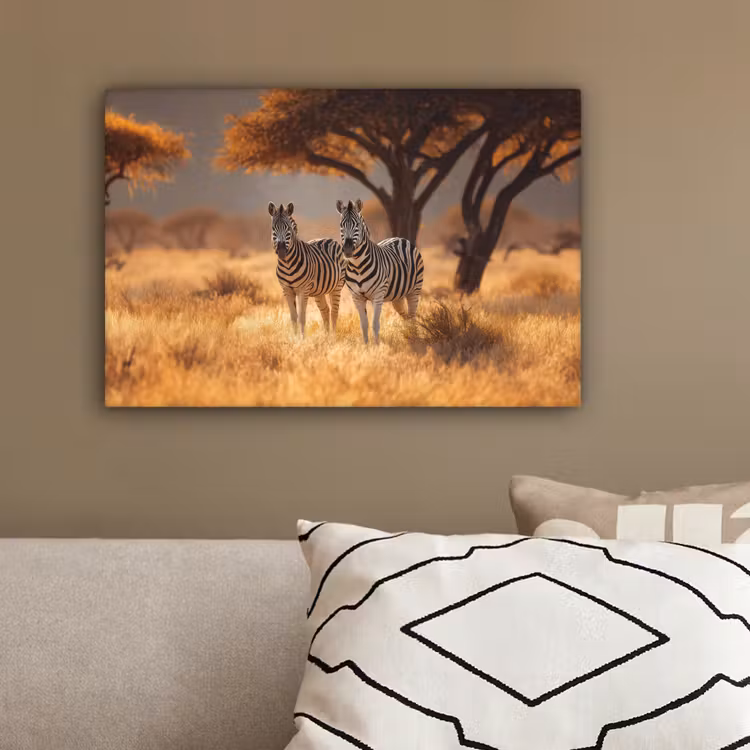 Zebra's - Savannelandschap - Gras canvas 2cm klein -sfeer3
