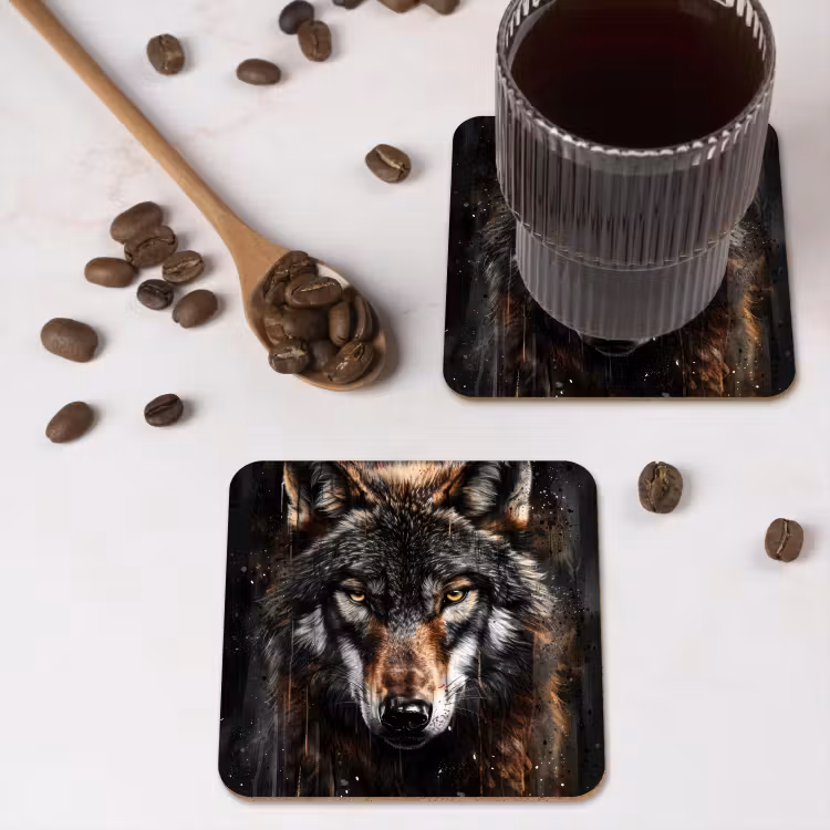 Dieren - Wolf - Portret - Zwart - Bruin onderzetter kurk middel -sfeer2
