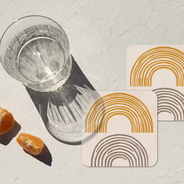 Bogen - Lijnen - Oranje - Minimalistisch onderzetter kurk middel -sfeer4