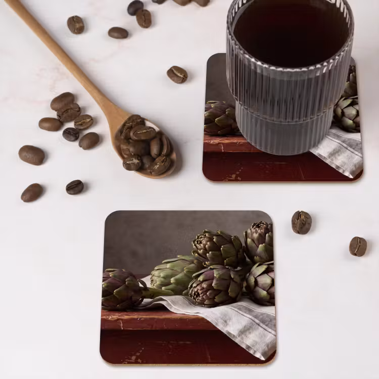 Coaster - Artichoke - Food - Rustic - Artisjok - Eten - Rustiek onderzetter kurk middel