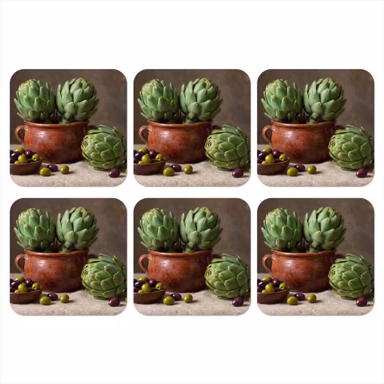 Coaster - Artichokes - Olives - Food - Artisjokken - Olijven - Eten onderzetter kurk middel