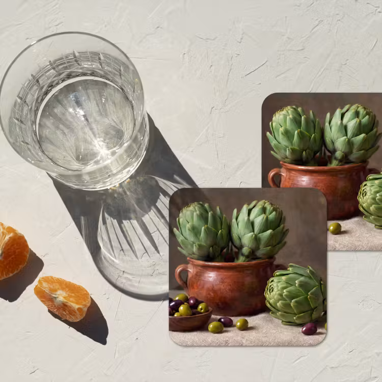 Coaster - Artichokes - Olives - Food - Artisjokken - Olijven - Eten onderzetter kurk middel