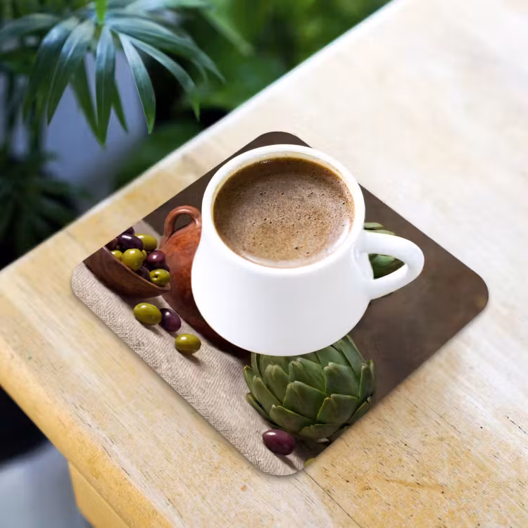 Coaster - Artichokes - Olives - Food - Artisjokken - Olijven - Eten onderzetter kurk middel