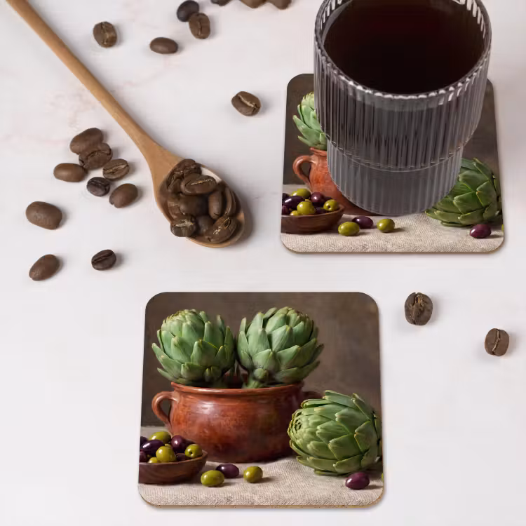 Coaster - Artichokes - Olives - Food - Artisjokken - Olijven - Eten onderzetter kurk middel