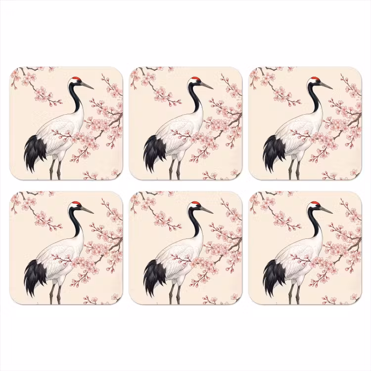 Aziatisch - Kraanvogel - Beige onderzetter kurk middel -3d