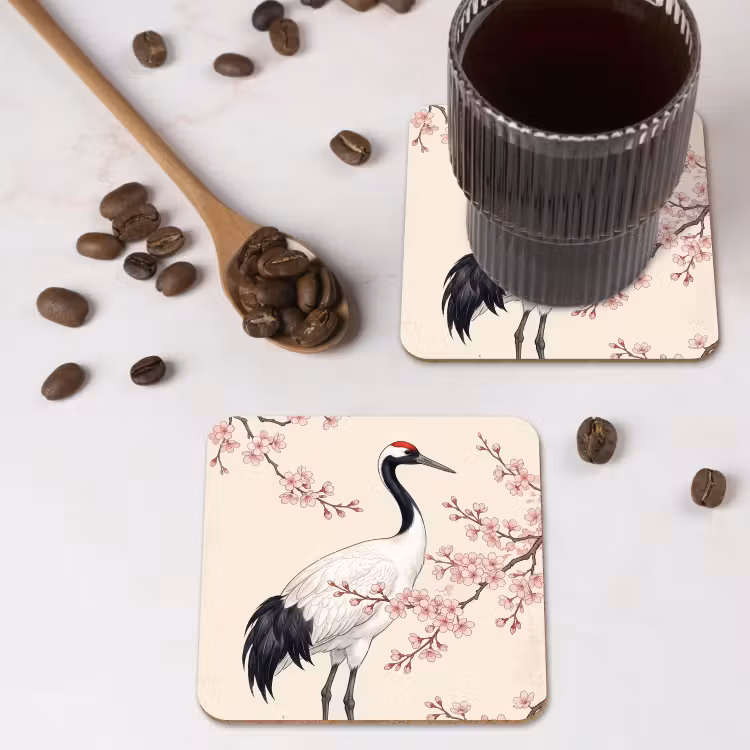 Aziatisch - Kraanvogel - Beige onderzetter kurk middel -sfeer2