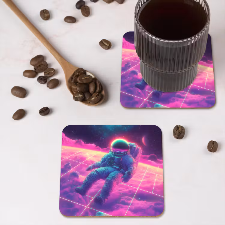 Astronaut - Neon - Roze - Wolken onderzetter kurk middel -sfeer2