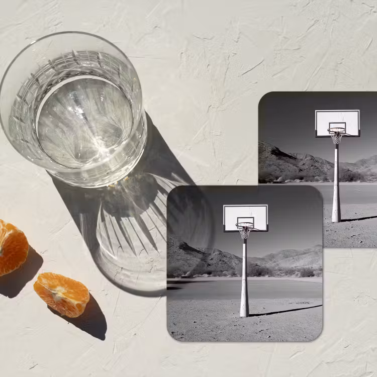 Basketbalpaal - Landschap - Zand - Wit onderzetter kurk middel -sfeer4