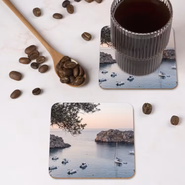 Coaster - Bay - boats - sunset - Baai - boten - zonsondergang onderzetter kurk middel