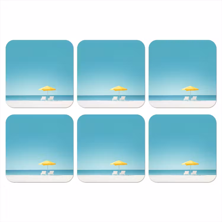 Strand - Blauwe lucht - Geel - Parasol onderzetter kurk middel -3d