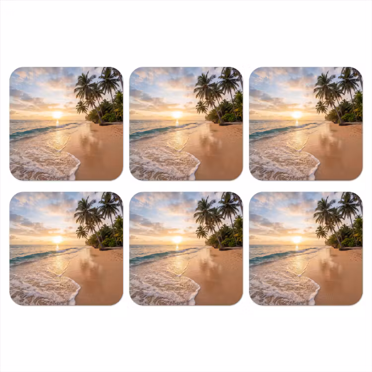 Strand - Zonsondergang - Tropisch - Natuur - Goud onderzetter kurk middel -3d
