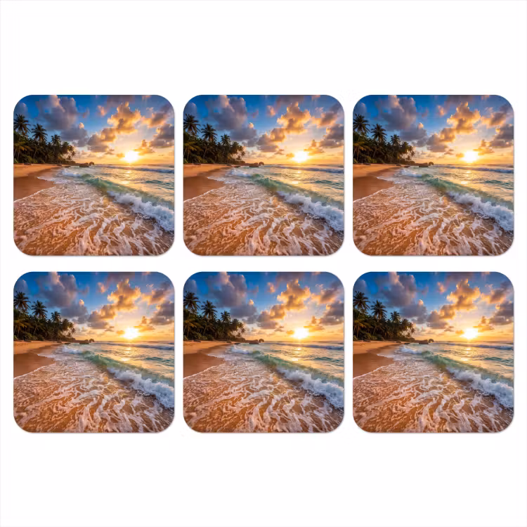 Strand - Zonsondergang - Golven - Natuur - Goud onderzetter kurk middel -3d