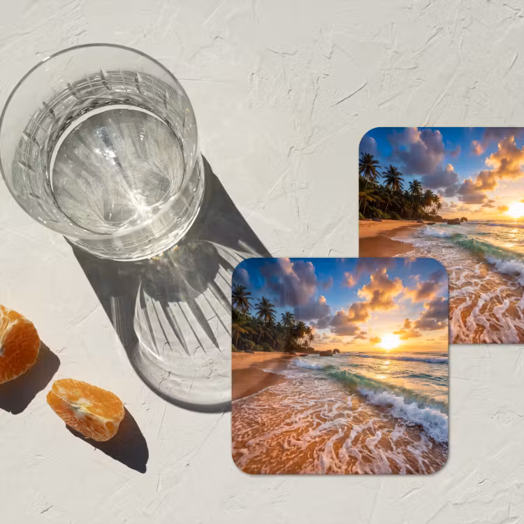Strand - Zonsondergang - Golven - Natuur - Goud onderzetter kurk middel -sfeer4