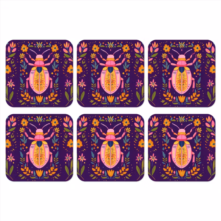 Kever - Felgekleurd - Bloemen - Bladeren onderzetter kurk middel -3d