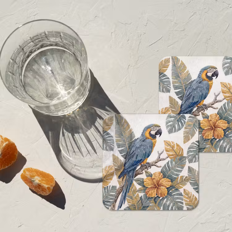 Vogel - Tak - Natuur - Mozaïek - Blauw onderzetter kurk middel -sfeer4
