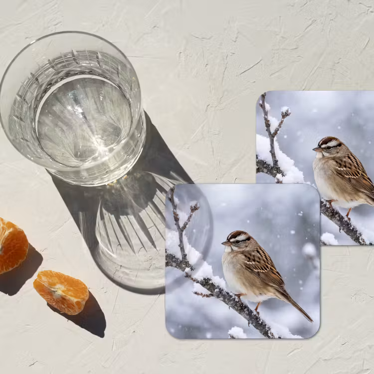 Vogel - Tak - Sneeuw - Winter onderzetter kurk middel -sfeer4
