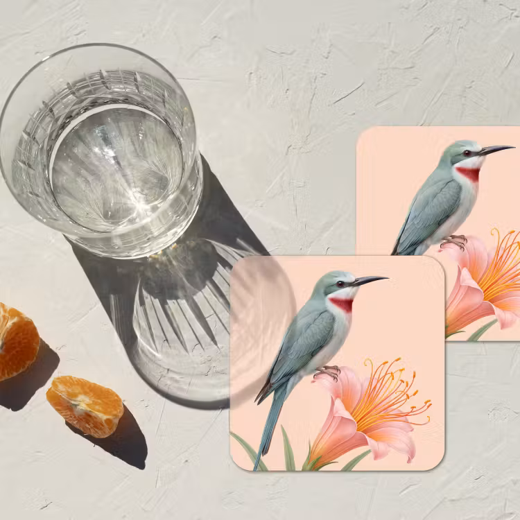 Vogel - Bloem - Natuur - Roze onderzetter kurk middel -sfeer4