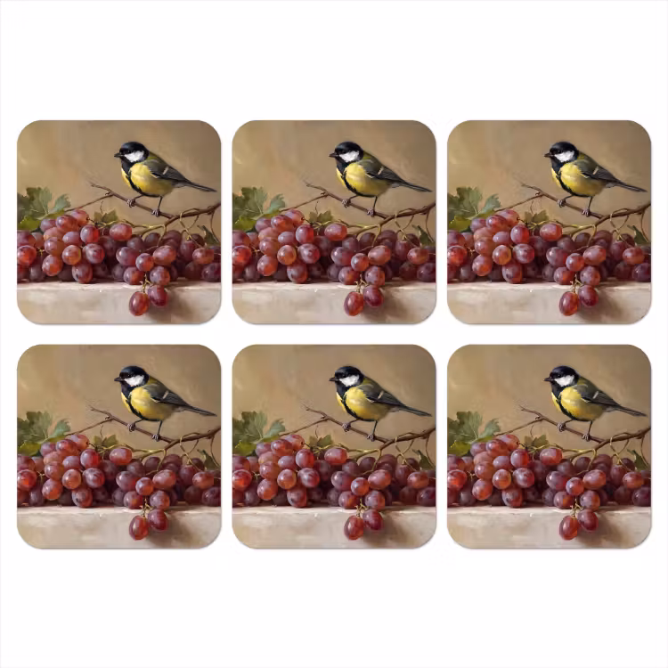 Coaster - Bird - Grapes - Still Life - Vogel - Druiven - Stilleven onderzetter kurk middel