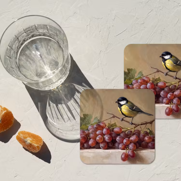 Coaster - Bird - Grapes - Still Life - Vogel - Druiven - Stilleven onderzetter kurk middel