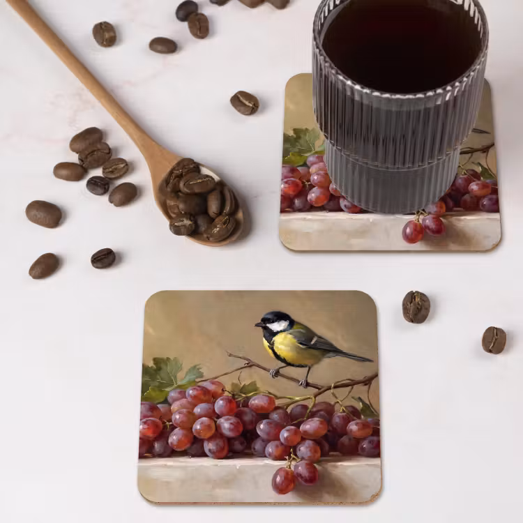 Coaster - Bird - Grapes - Still Life - Vogel - Druiven - Stilleven onderzetter kurk middel