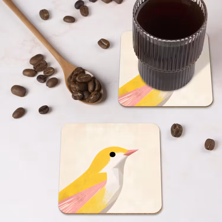 Vogel - Minimalistisch - Geel onderzetter kurk middel -sfeer2