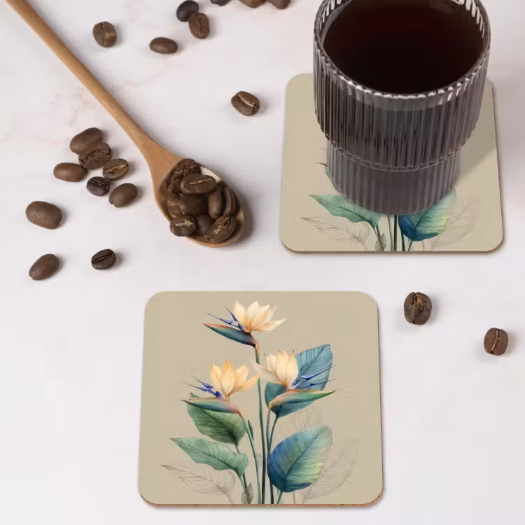 Paradijsvogelbloemen - Blauwgroene bladeren - Beige onderzetter kurk middel -sfeer2