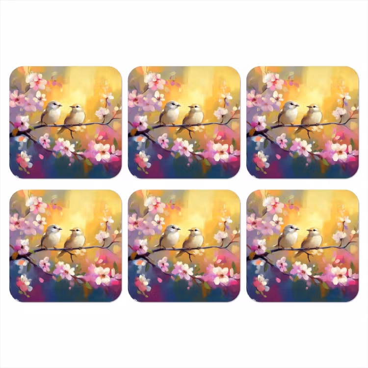 Vogels - Bloemen - Roze onderzetter kurk middel -3d
