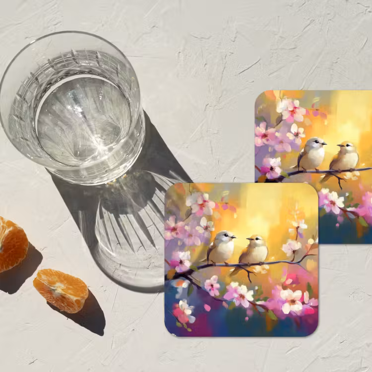 Vogels - Bloemen - Roze onderzetter kurk middel -sfeer4