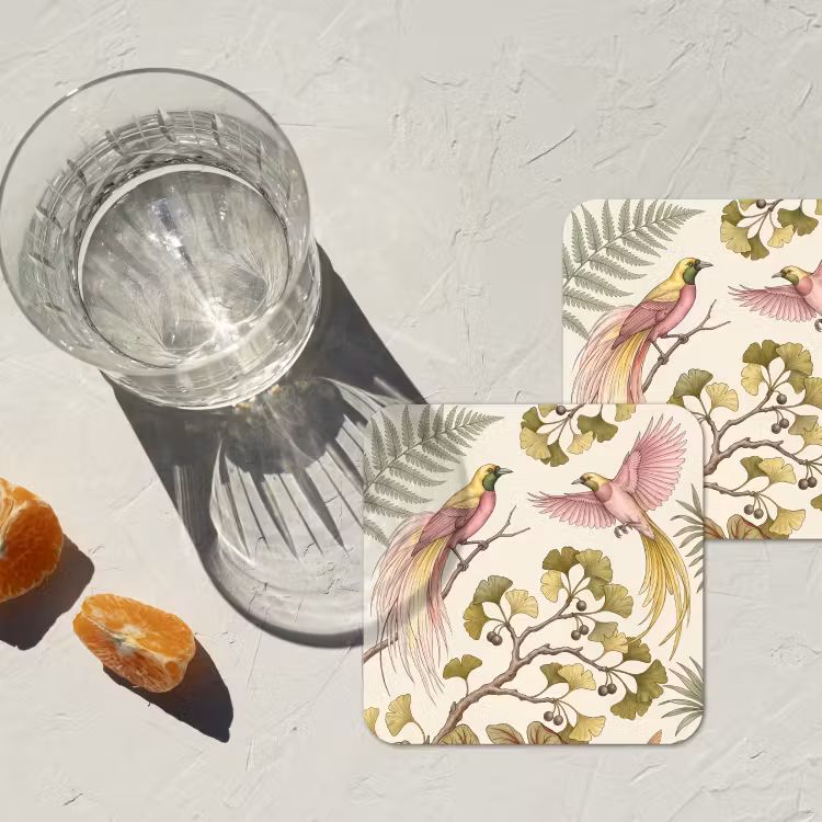 Vogels - Tropisch - Botanisch - Roze onderzetter kurk middel -sfeer4