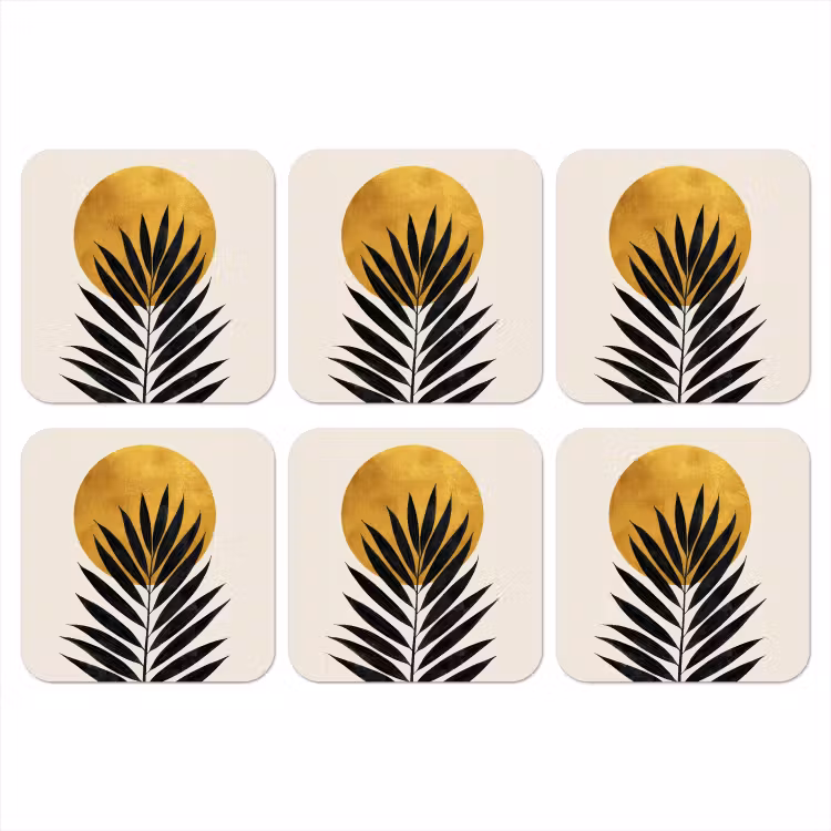 Zwart palmblad - Gouden cirkel - Beige achtergrond onderzetter kurk middel -3d