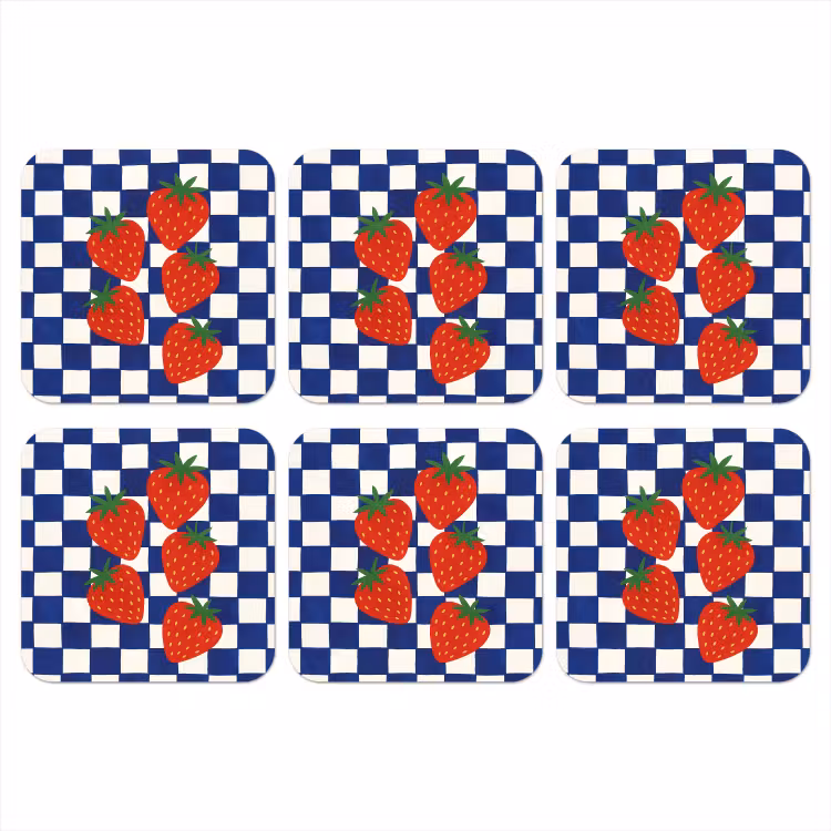 Geblokt - Blauw - Aardbeien onderzetter kurk middel -3d