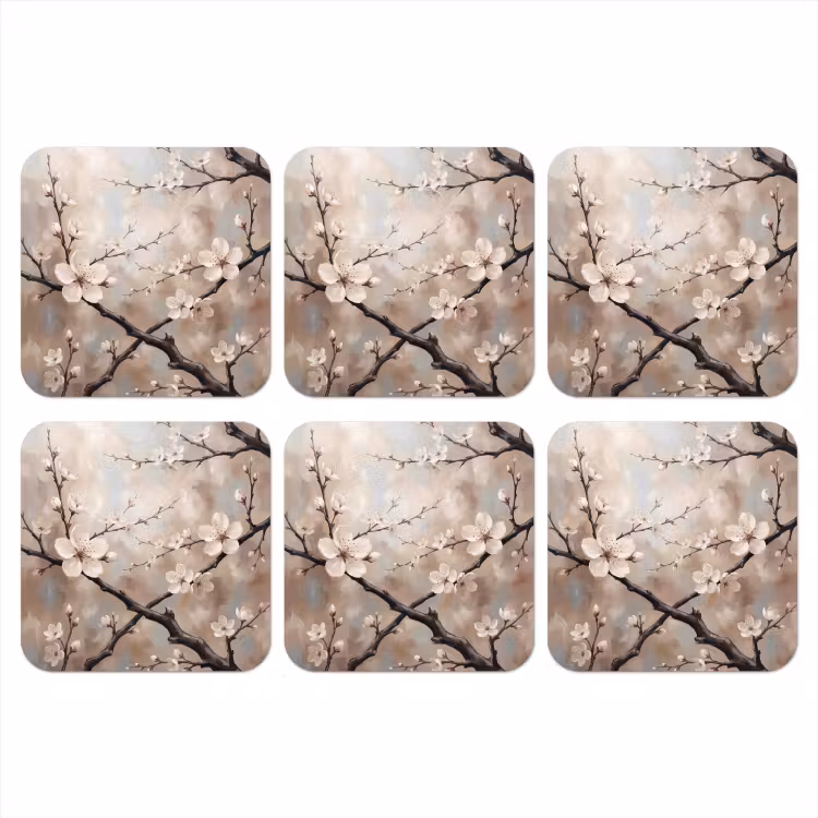Bloesem - Takken - Schilderij - Beige - Serene onderzetter kurk middel -3d