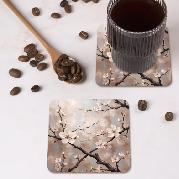Bloesem - Takken - Schilderij - Beige - Serene onderzetter kurk middel -sfeer2