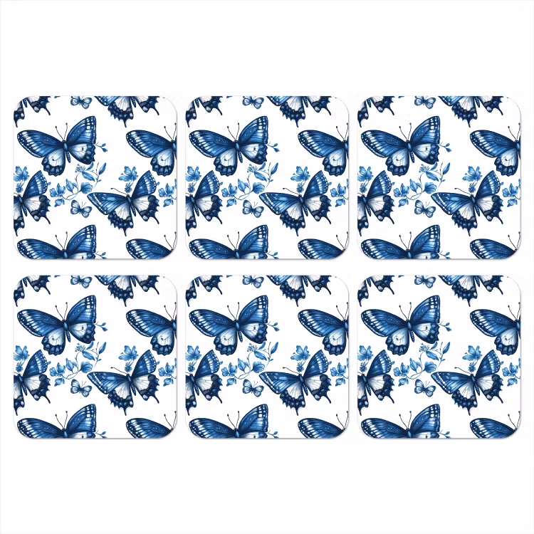 Blauw - Vlinders - Bloemen - Wit onderzetter kurk middel 366 -3d