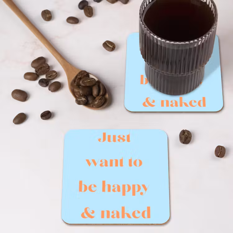 Blauw - Oranje - Just want to be happy & naked onderzetter kurk middel -sfeer2