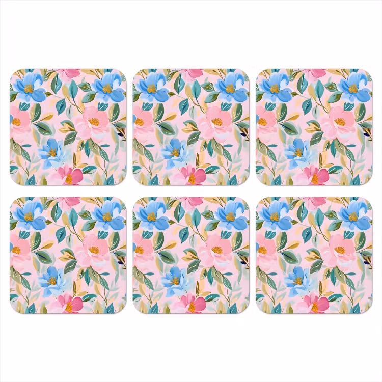 Blauw - Roze - Bloemen onderzetter kurk middel -3d