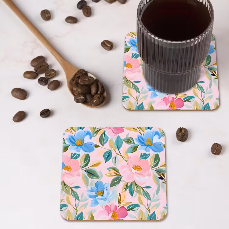 Blauw - Roze - Bloemen onderzetter kurk middel -sfeer2
