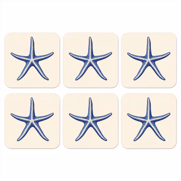 Blauwe zeester - Minimalistisch - Beige onderzetter kurk middel -3d