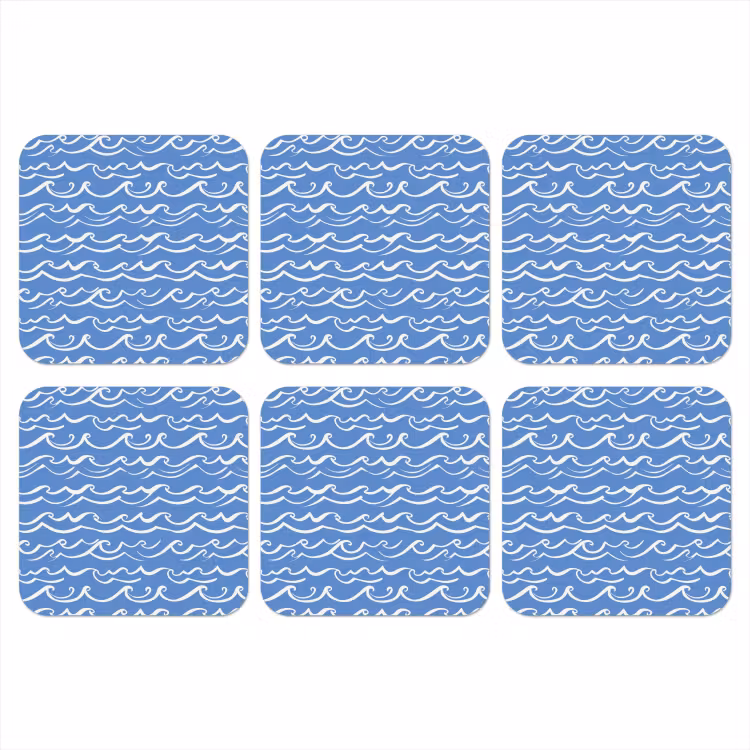 Blauw - Wit - Simpel - Getekend - Golven onderzetter kurk middel 366 -3d