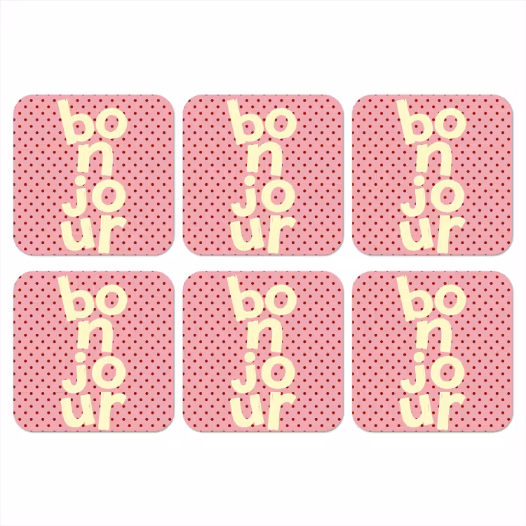 Bonjour - Stippen - Roze- Geel onderzetter kurk middel -3d