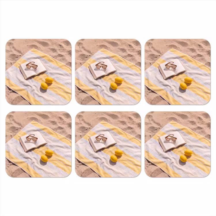 Boek - Zonnebril - Strand - Zomer - Geel onderzetter kurk middel -3d