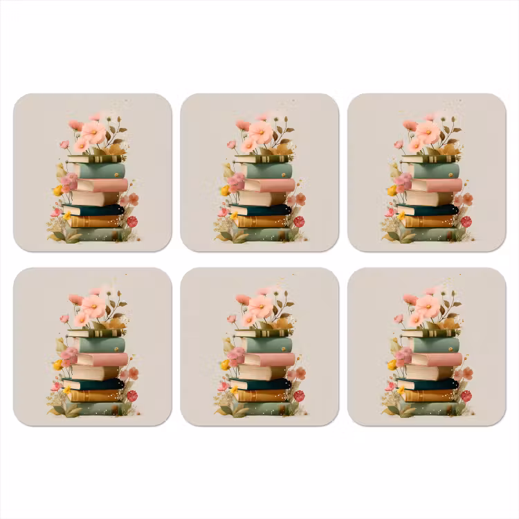 Boeken - Stapel - Bloemen - Kleurrijk onderzetter kurk middel -3d