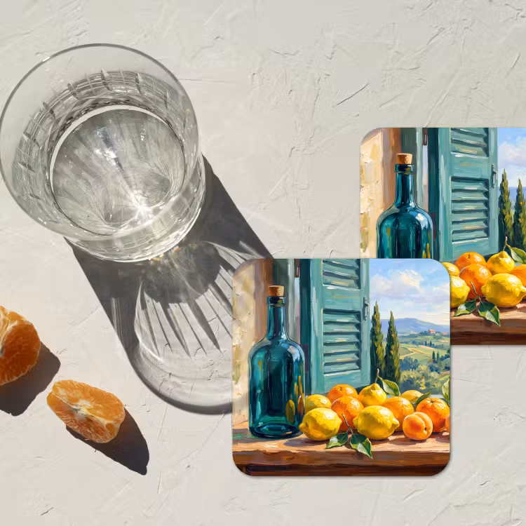Coaster - Bottle - Fruit - Still Life - Fles - Fruit - Stilleven onderzetter kurk middel